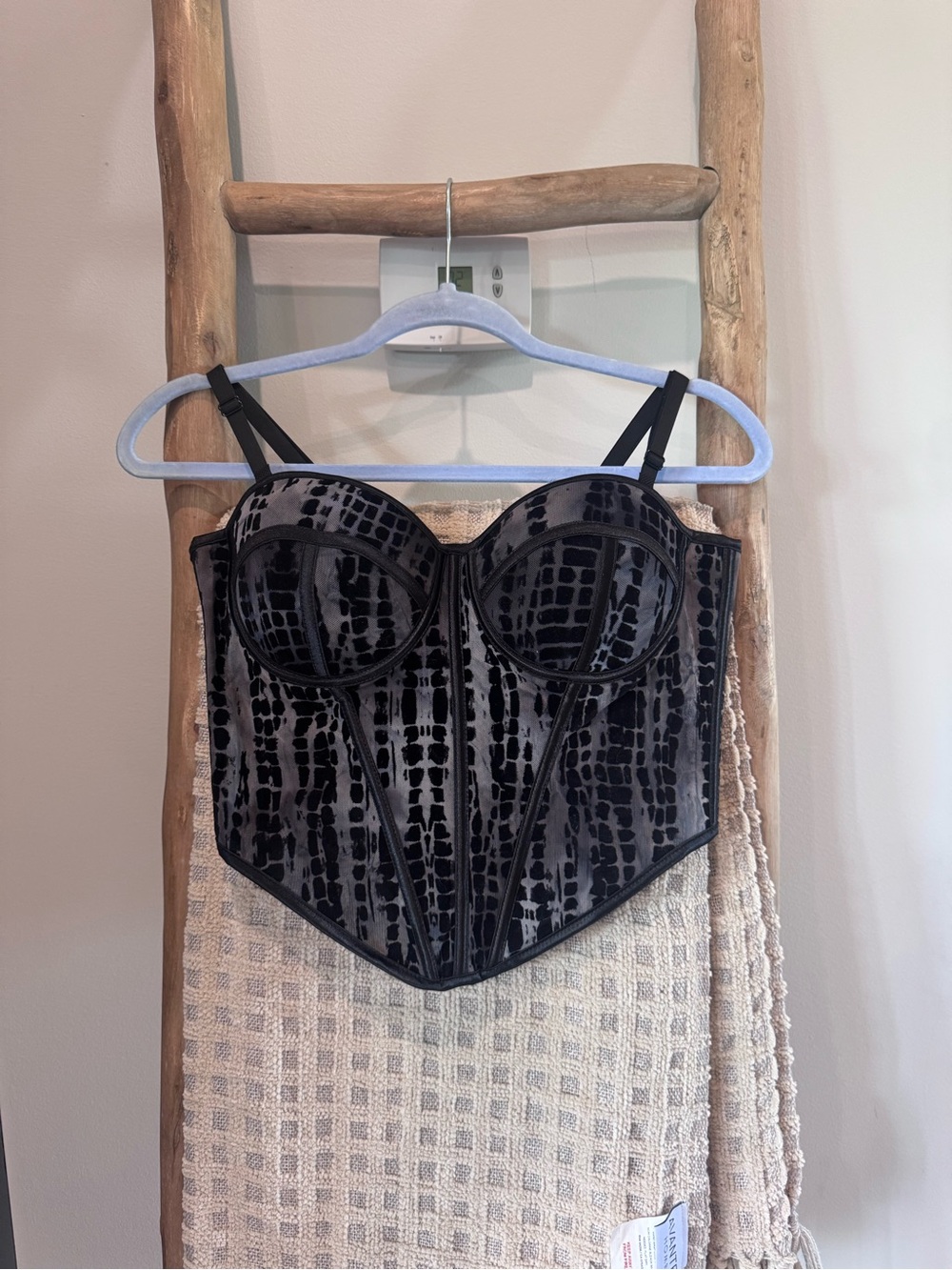 Black Velvet Crocodile-Texture Bustier Top